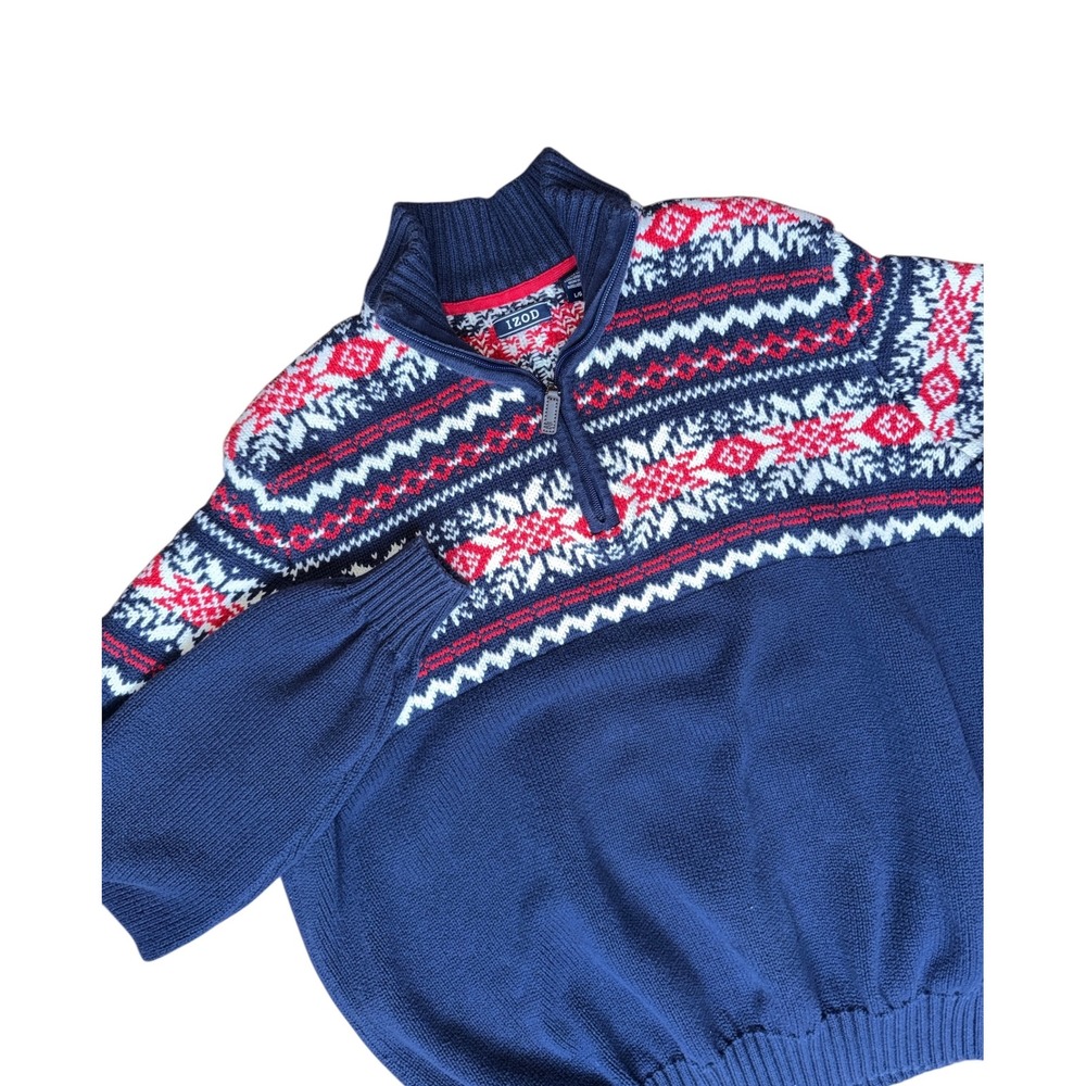 IZOD Vintage Fair Isle Sweater Mens Large Blue Red White 1/4 Zip Pullover Knit